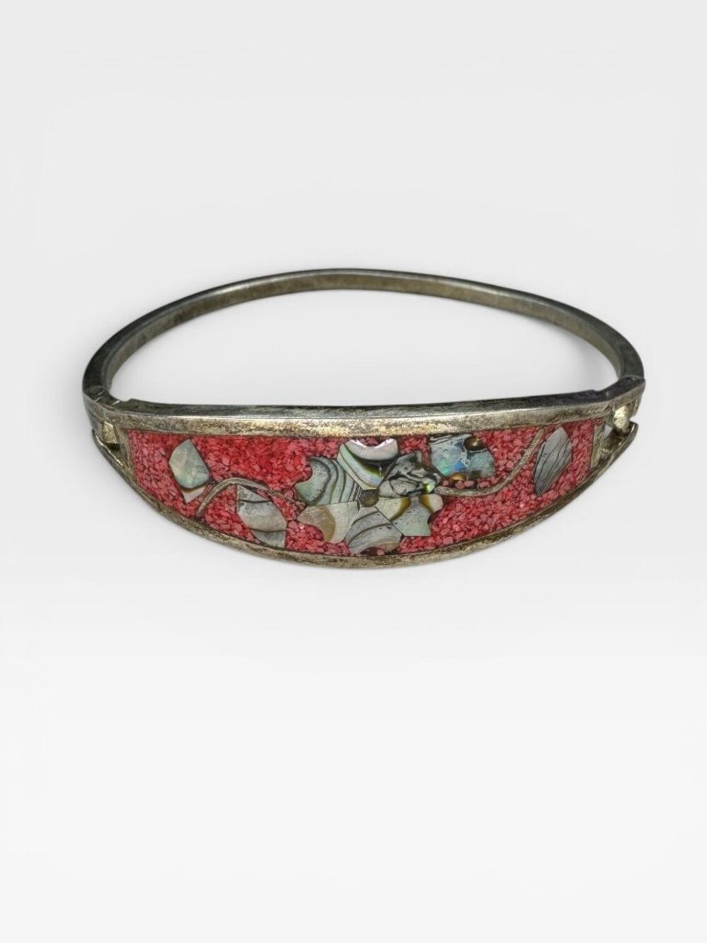 Alpaca Mexico Abalone Inlay Hinged Bangle Pink Mosaic Bracelet